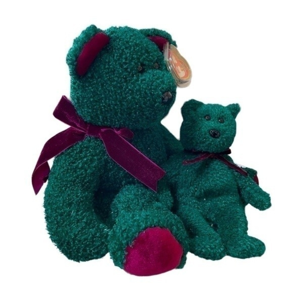 TY Beanie Buddy Wallace Bear 15 & Baby 9 Green Purple Ribbon 2001 NWT Christmas - Picture 3 of 3